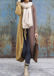 Cozy khaki patchwork yellow fall fashion o neck asymmetric hem knit outwear - SooLinen