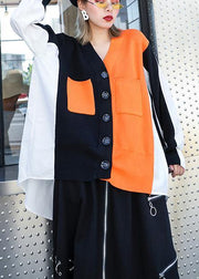 Cozy knitwear plus size black v neck patchwork knitted jackets - SooLinen
