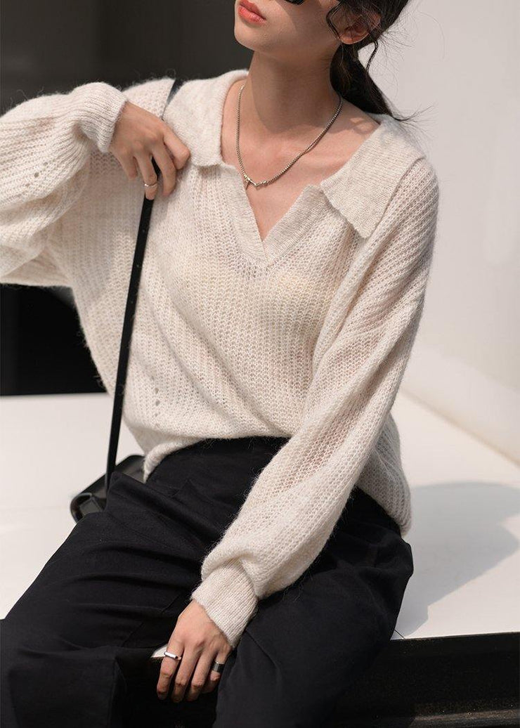 Cozy nude knit tops v neck long sleeve Loose fitting knitted blouse - SooLinen