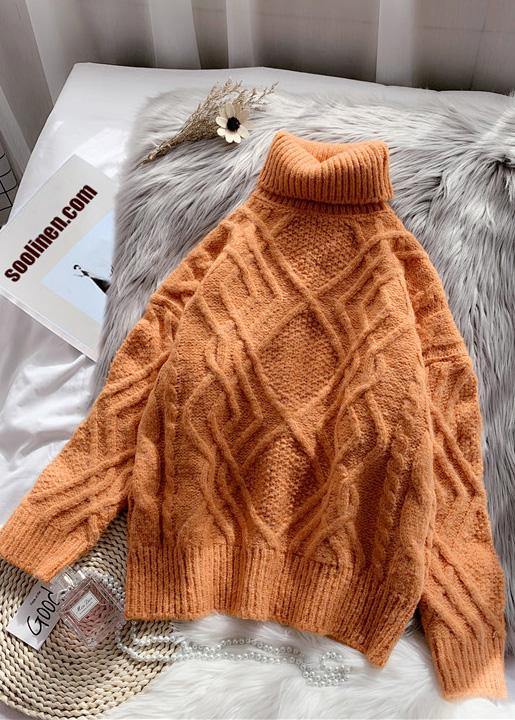 Cozy orange knitted top thick spring fashion high neck sweaters - SooLinen