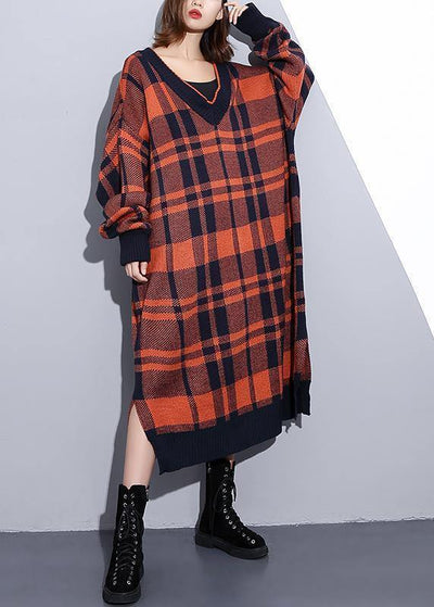 Cozy orange plaid Sweater weather Design v neck side open Art knit dresses - SooLinen