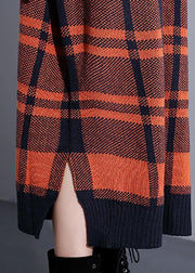 Cozy orange plaid Sweater weather Design v neck side open Art knit dresses - SooLinen