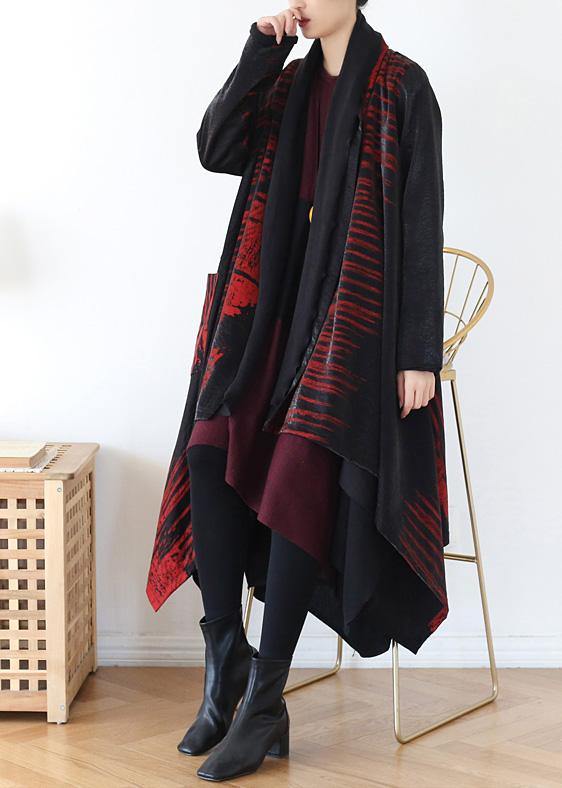 Cozy red print coat plus size spring asymmetric coat - SooLinen