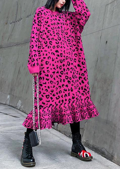 Cozy rose Leopard Sweater weather Vintage stand collar Hole Tejidos sweater dress - SooLinen