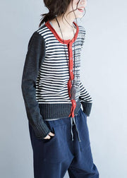Cozy striped knit jacket plus size fall knit sweat tops o neck Button Down - SooLinen