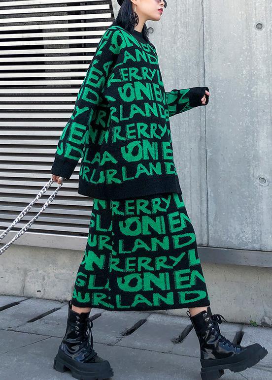 Cozy winter green prints knit sweat tops and elastic waist skirt casual two pieces - SooLinen