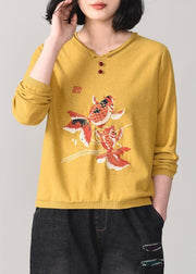 Cozy yellow knit t shirt Loose fitting animal embroidery knitted sweater long sleeve - SooLinen