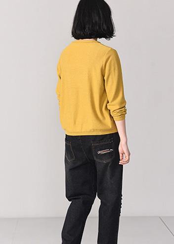 Cozy yellow knit t shirt Loose fitting animal embroidery knitted sweater long sleeve - SooLinen