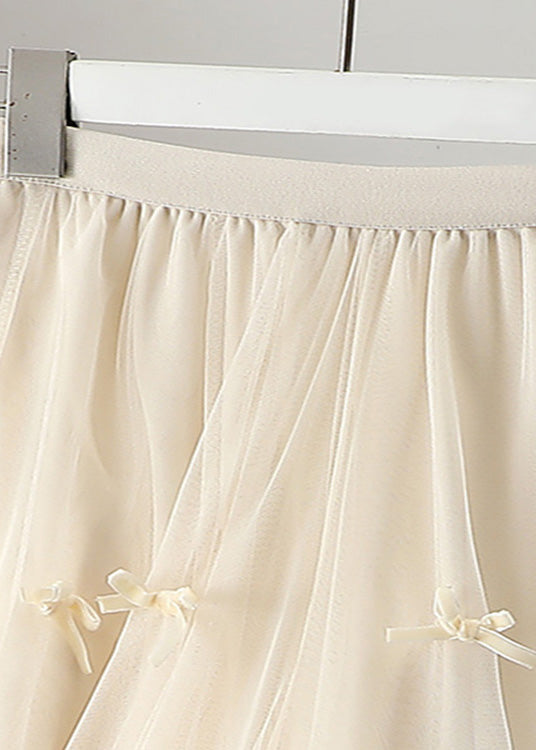 Cute Apricot Elastic Waist Bow Tulle A Line Skirts Spring