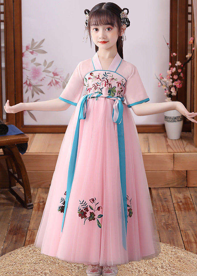 Cute Apricot Embroidered Patchwork Tulle Kids Long Dress Short Sleeve