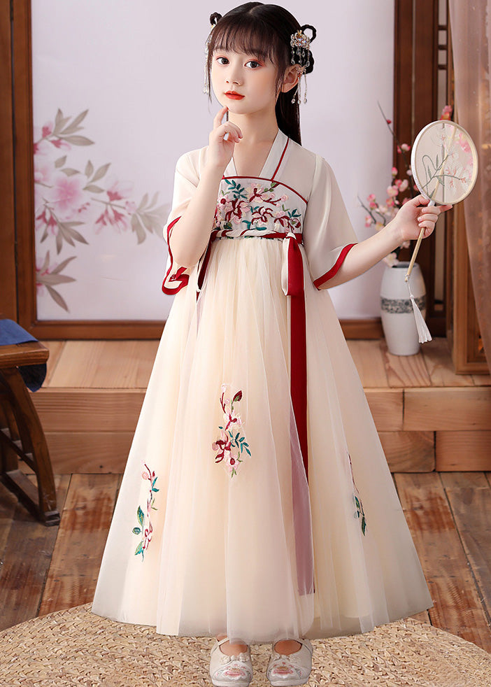 Cute Apricot Embroideried Patchwork Tulle Kids Long Dress Short Sleeve