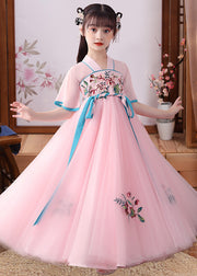 Cute Apricot Embroidered Patchwork Tulle Kids Long Dress Short Sleeve