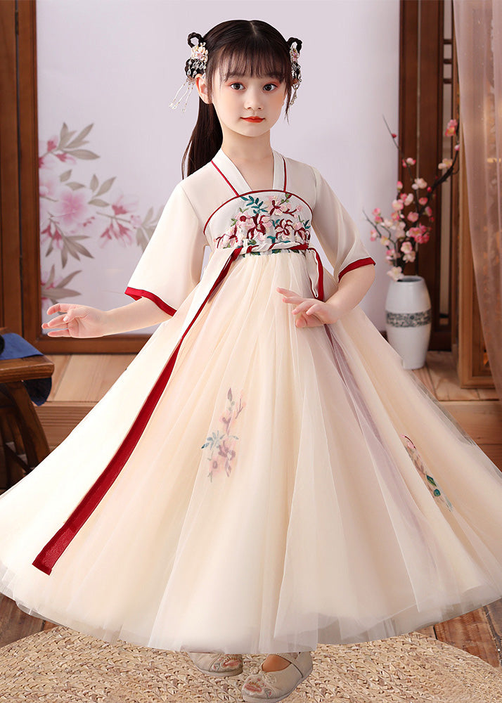 Cute Apricot Embroideried Patchwork Tulle Kids Long Dress Short Sleeve