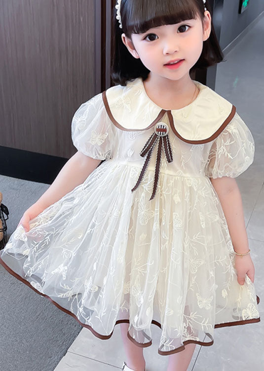 Cute Apricot Peter Pan Collar Wrinkled Patchwork Tulle Baby Girls Dresses Summer