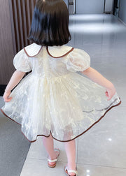 Cute Apricot Peter Pan Collar Wrinkled Patchwork Tulle Baby Girls Dresses Summer