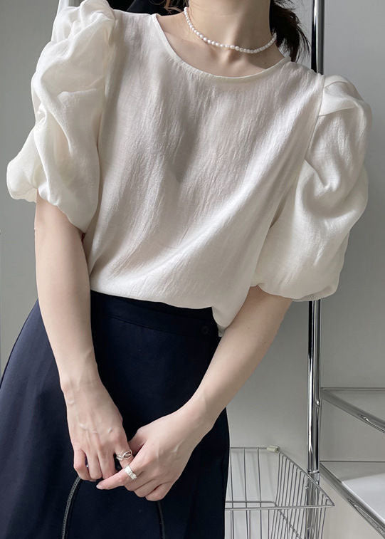 Cute Apricot Puff Sleeve O-Neck Wrinkled Solid Color Silk Tops Fall