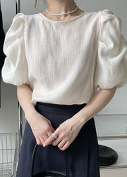 Cute Apricot Puff Sleeve O-Neck Wrinkled Solid Color Silk Tops Fall
