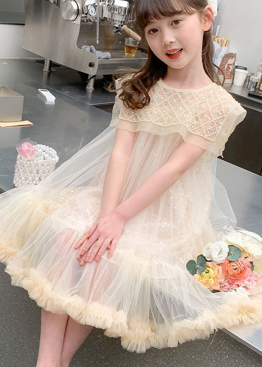 Cute Apricot Ruffled Sequins Patchwork Tulle Baby Girls Dresses Summer
