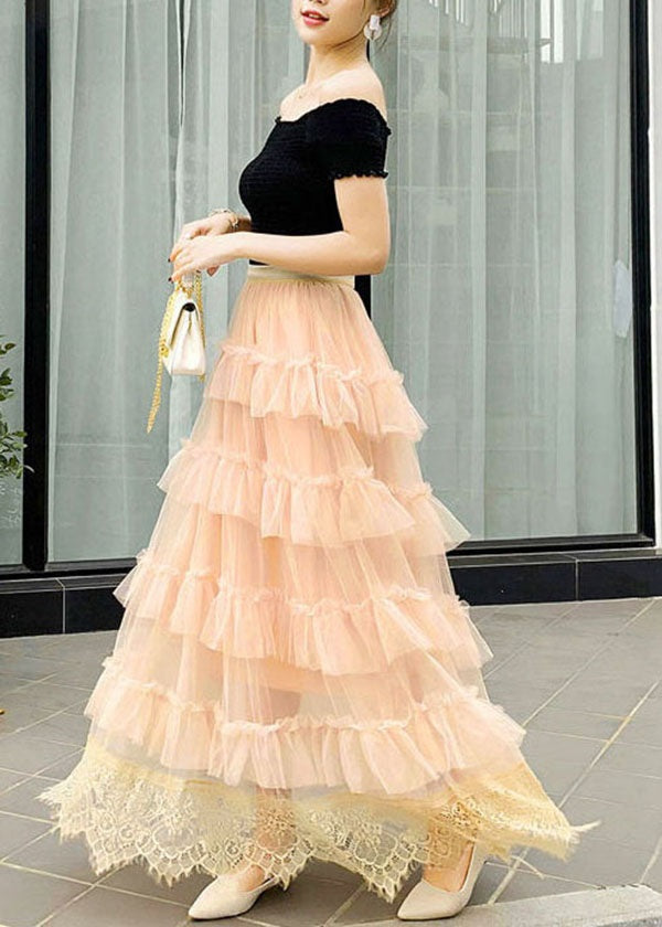 Cute Apricot Wrinkled Lace Patchwork Tulle Skirts Spring