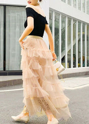 Cute Apricot Wrinkled Lace Patchwork Tulle Skirts Spring
