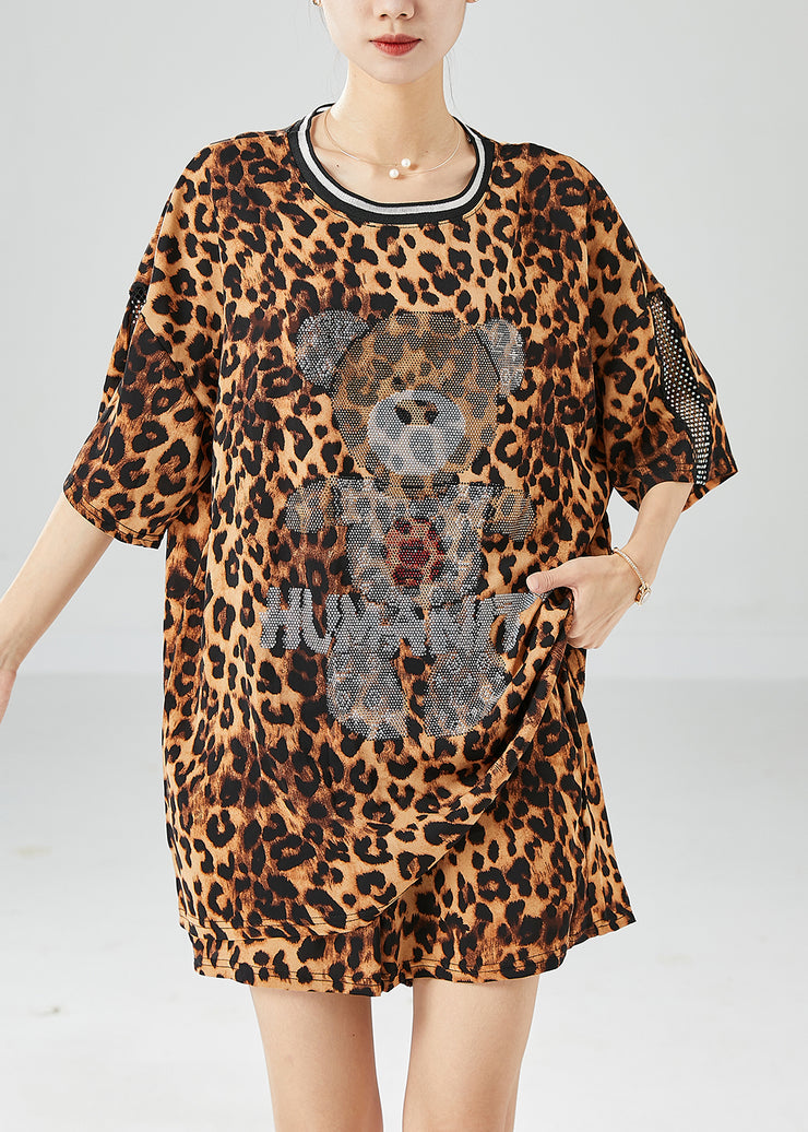 Cute Bear Oversized Leopard Print Chiffon Two Pieces Set Summer