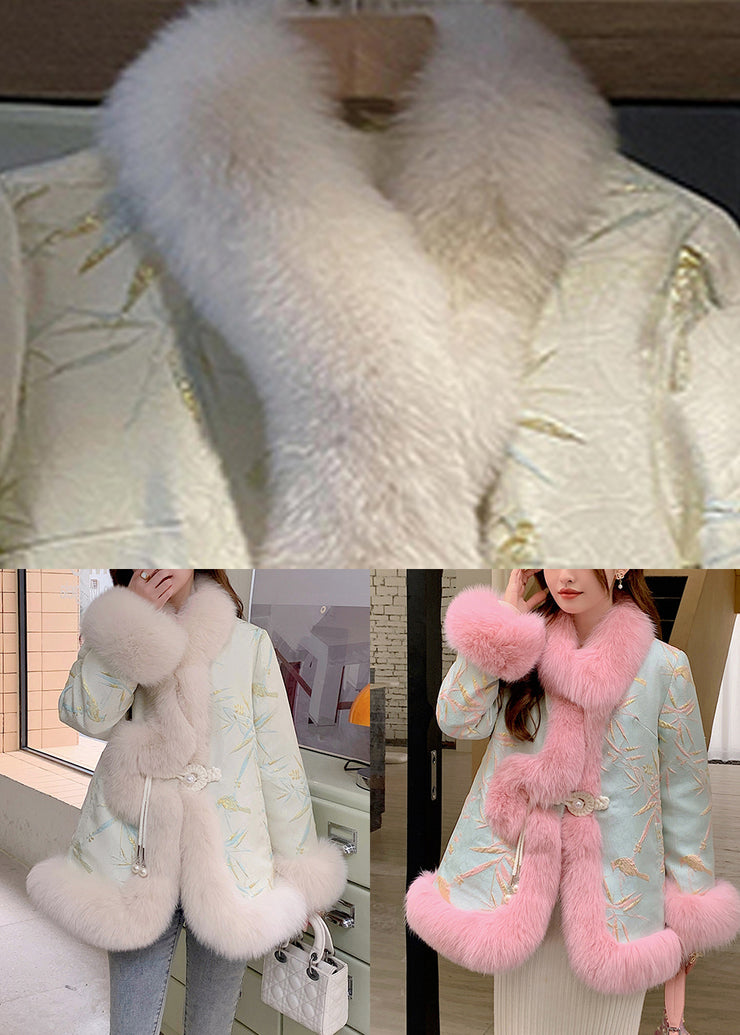 Cute Beige Fox Collar Embroidered Leather And Fur Coats Winter