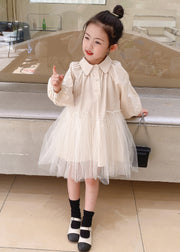 Cute Beige Peter Pan Collar Tulle Patchwork Cotton Girls Dresses Fall