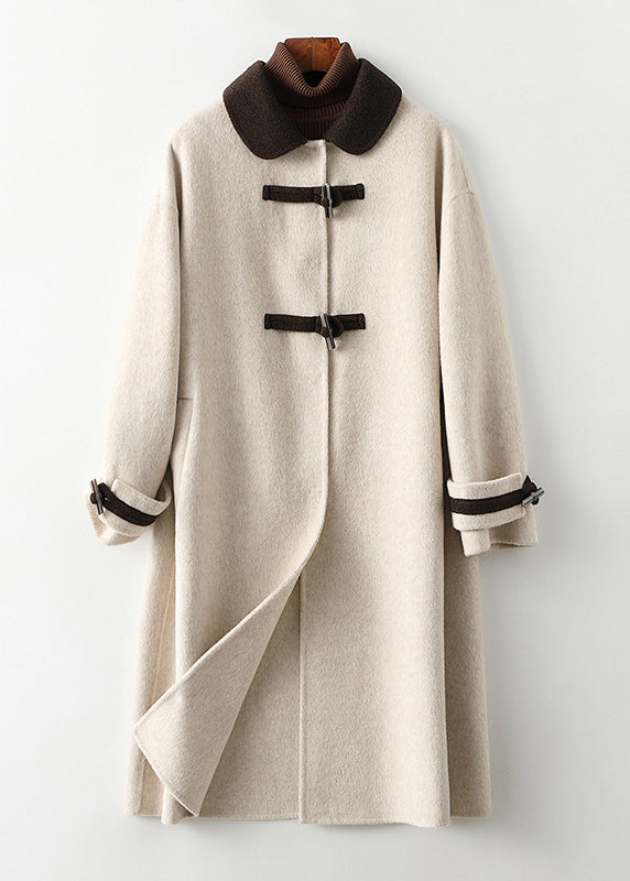Cute Beige Square Collar Button Woolen Long Coats Fall