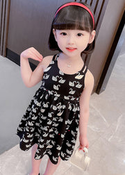 Cute Black Animal Print Patchwork Cotton Girls Slip Long Dress Summer