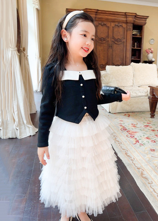 Cute Black Cotton Tops And Tulle Skirts Baby Girls Two Pieces Set Fall