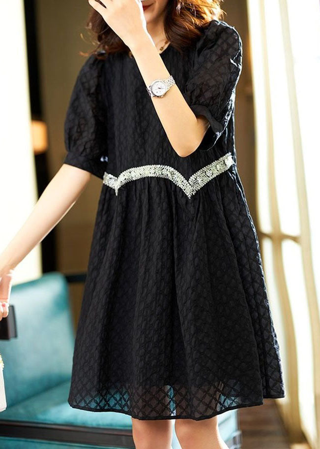 Cute Black O Neck Zircon Patchwork Cotton Dresses Summer