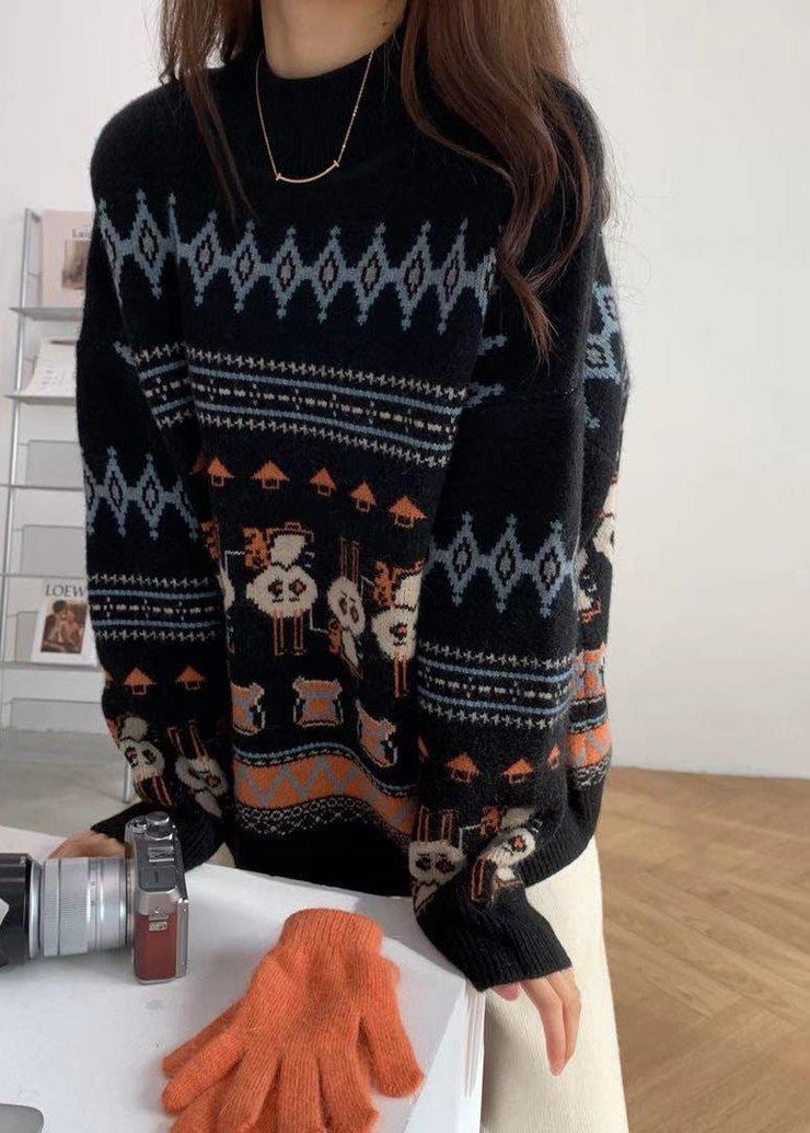 Cute Black Rabbit Pattern Knit Sweat Tops High Neck Sweater Tops - SooLinen