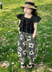 Cute Black Ruffled Patchwork Cotton Kids Girls Two Piece Suit Summer
