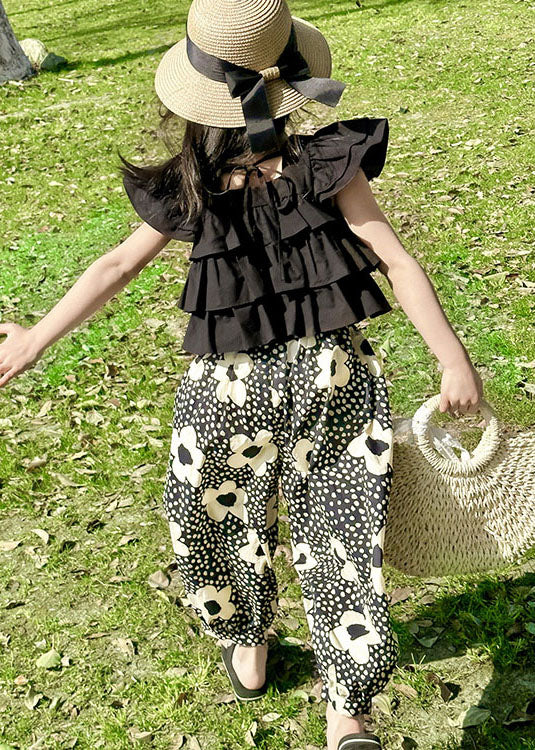 Cute Black Ruffled Patchwork Cotton Kids Girls Two Piece Suit Summer
