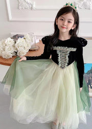 Cute Black Ruffled Tulle Patchwork Girls Party Dress Fall