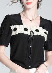 Cute Black Square Collar Patchwork Silk Top Summer