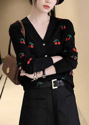 Cute Black V Neck Embroidered Button Woolen Knit Cardigan Long Sleeve