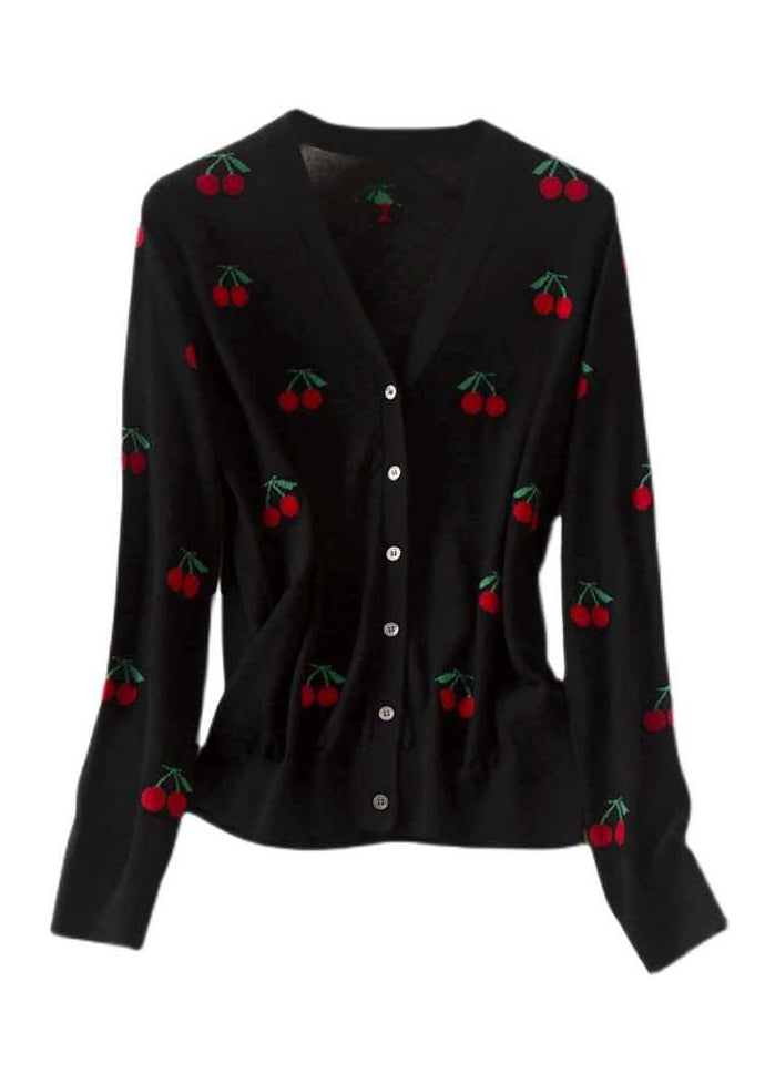 Cute Black V Neck Embroidered Button Woolen Knit Cardigan Long Sleeve