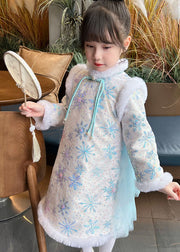 Cute Blue Fur Collar Bow Tulle Patchwork Warm Fleece Girls Long Dress Winter