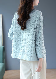 Cute Blue Lace Patchwork Floral Hollow Out Cardigans Long Sleeve
