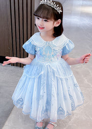 Cute Blue Ruffled Patchwork Tulle Girls Vacation Long Dresses Summer