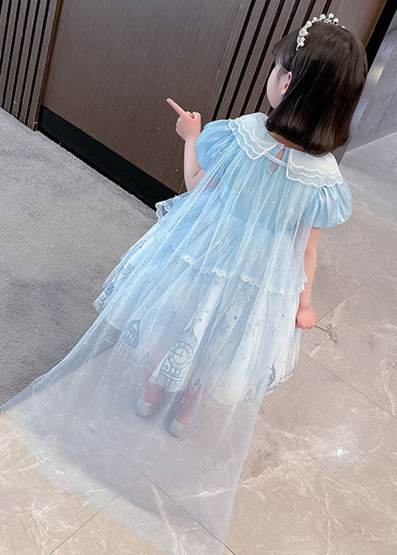 Cute Blue Ruffled Patchwork Tulle Girls Vacation Long Dresses Summer