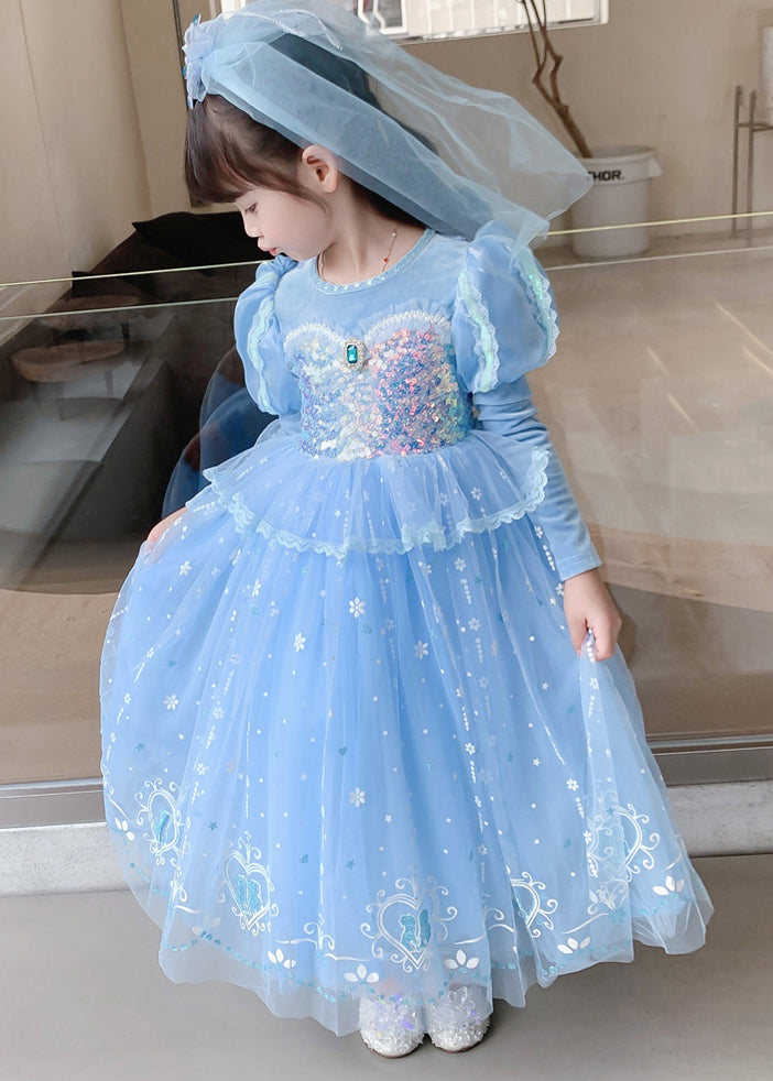 Cute Blue Ruffled Sequins Patchwork Tulle Kids Girls Princess Dresses Fall