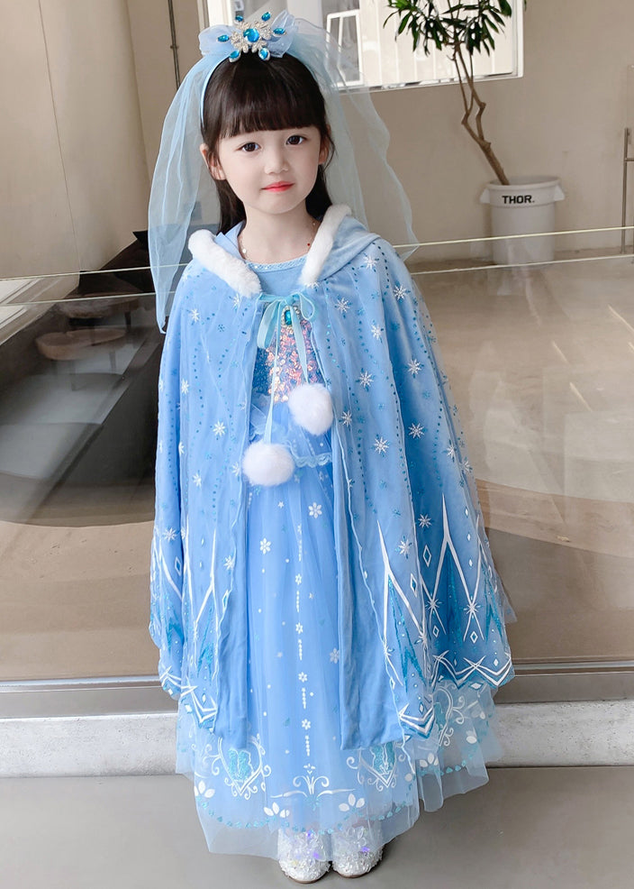 Cute Blue Ruffled Sequins Patchwork Tulle Kids Girls Princess Dresses Fall
