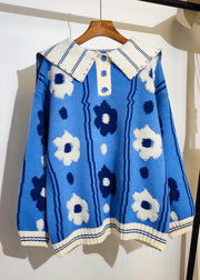 Cute Blue Sailor Collar Jacquard Nail Bead Knitted Sweater Tops Winter
