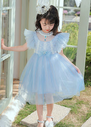 Cute Blue Sequins Patchwork Bow Tulle Kids Girls Maxi Dresses Butterfly Sleeve