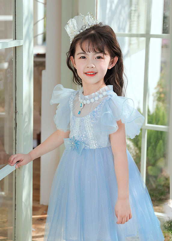 Cute Blue Sequins Patchwork Bow Tulle Kids Girls Maxi Dresses Butterfly Sleeve
