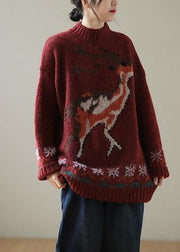 Cute Burgundy Deer Design Knit Top Silhouette High Neck Casual Knitwear - SooLinen