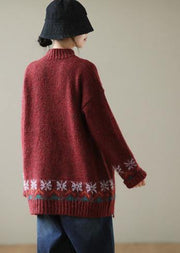 Cute Burgundy Deer Design Knit Top Silhouette High Neck Casual Knitwear - SooLinen