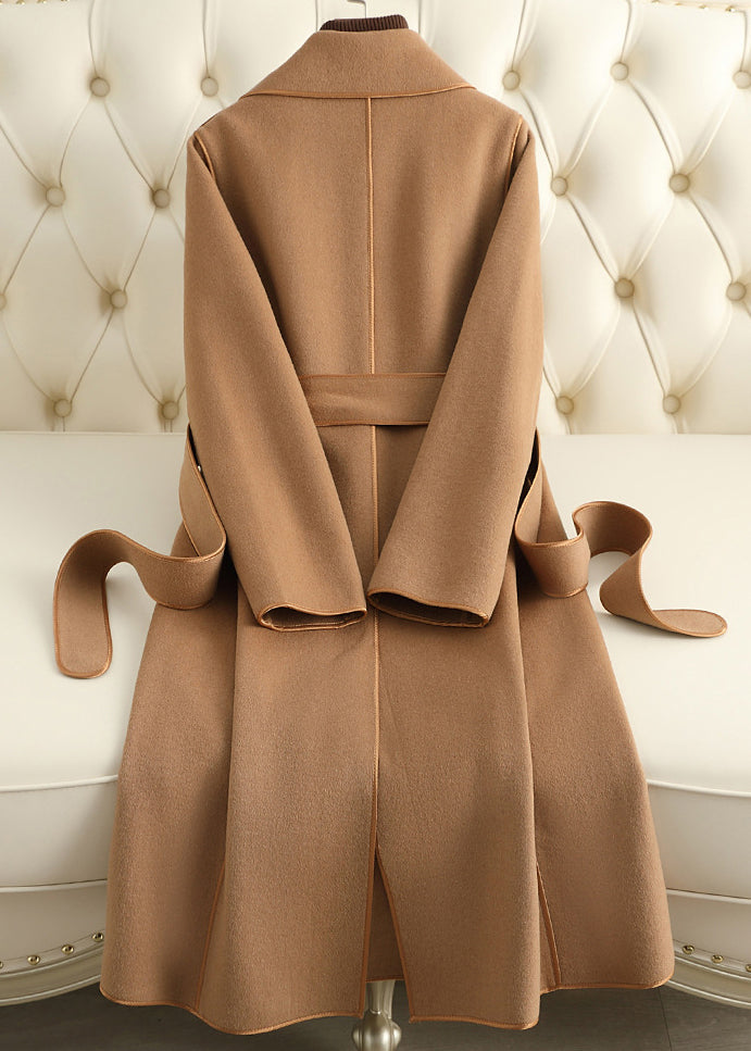 Cute Camel Notched Patchwork Tie Waist Woolen Long Coats Fall